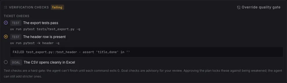 Verification checks with two test checks, one failing with its output, and a goal check