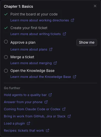 The Getting started checklist for chapter 1: two steps ticked, Show me on Approve a plan, a guide link under every step, and Go further links