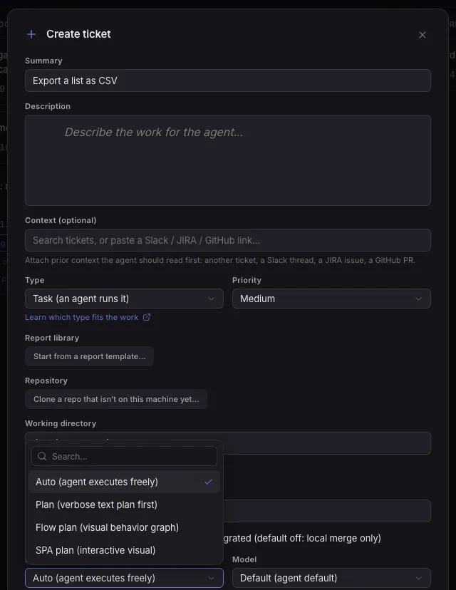 The Create ticket form with the Mode list open