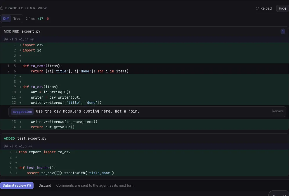 Branch diff and review with a suggestion comment under a changed line, and Submit review at the bottom