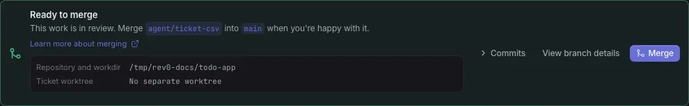 The In Review ticket with the Ready to merge banner and its Merge button
