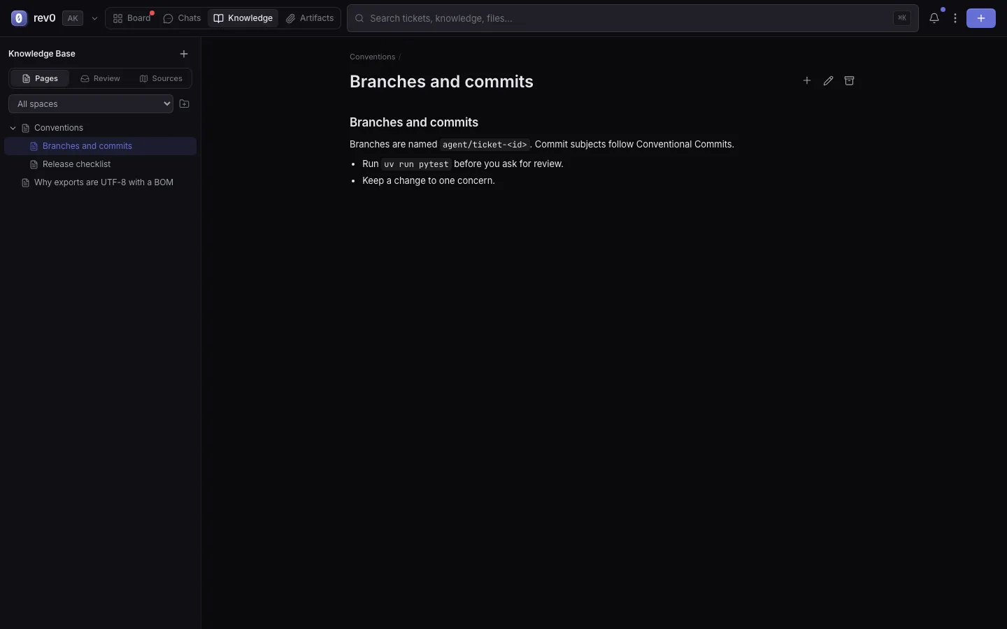 The Knowledge Base with its spaces in the sidebar and a page open on the right