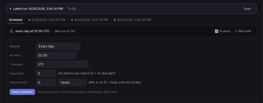 A Loop's Schedule tab: the latest run banner, a tab per run, the schedule with Enabled and Run now, and the Head start and Auto-archive fields