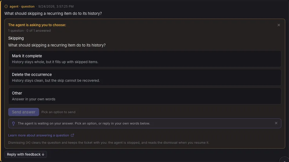 A question from an agent with its choices as buttons