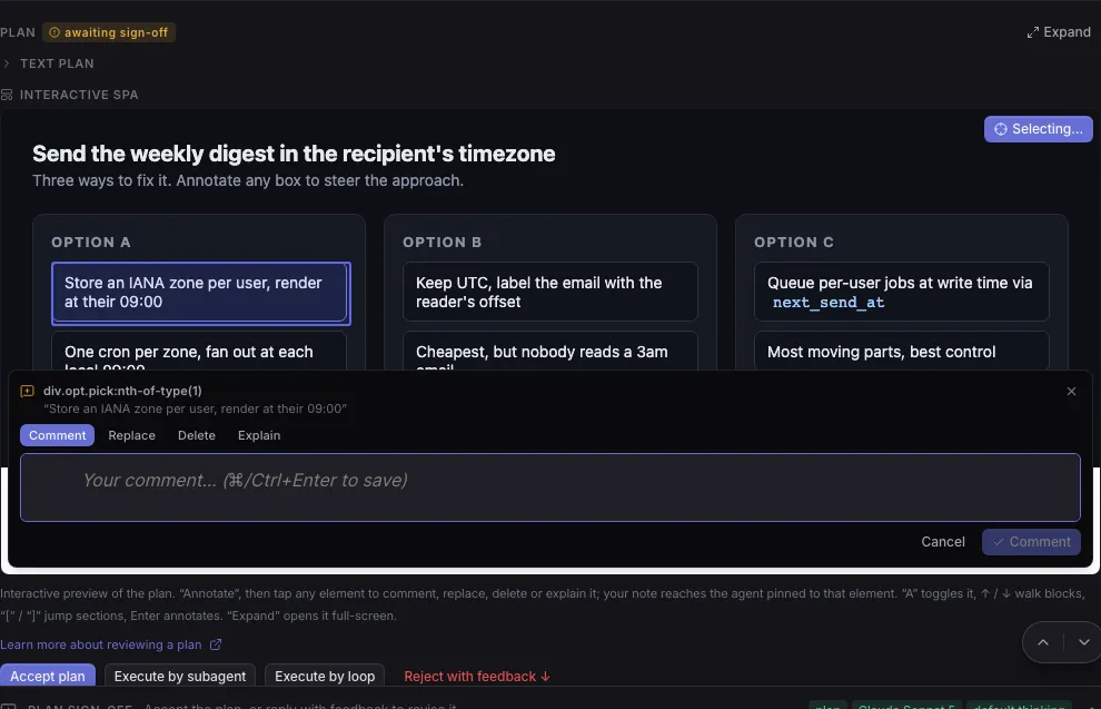 An interactive plan with Option A, B and C side by side and a comment being written on one box of Option A
