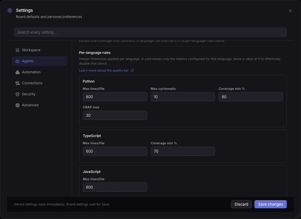 Settings, Agents, Per-language rules: the Python, TypeScript and JavaScript cards with their limits