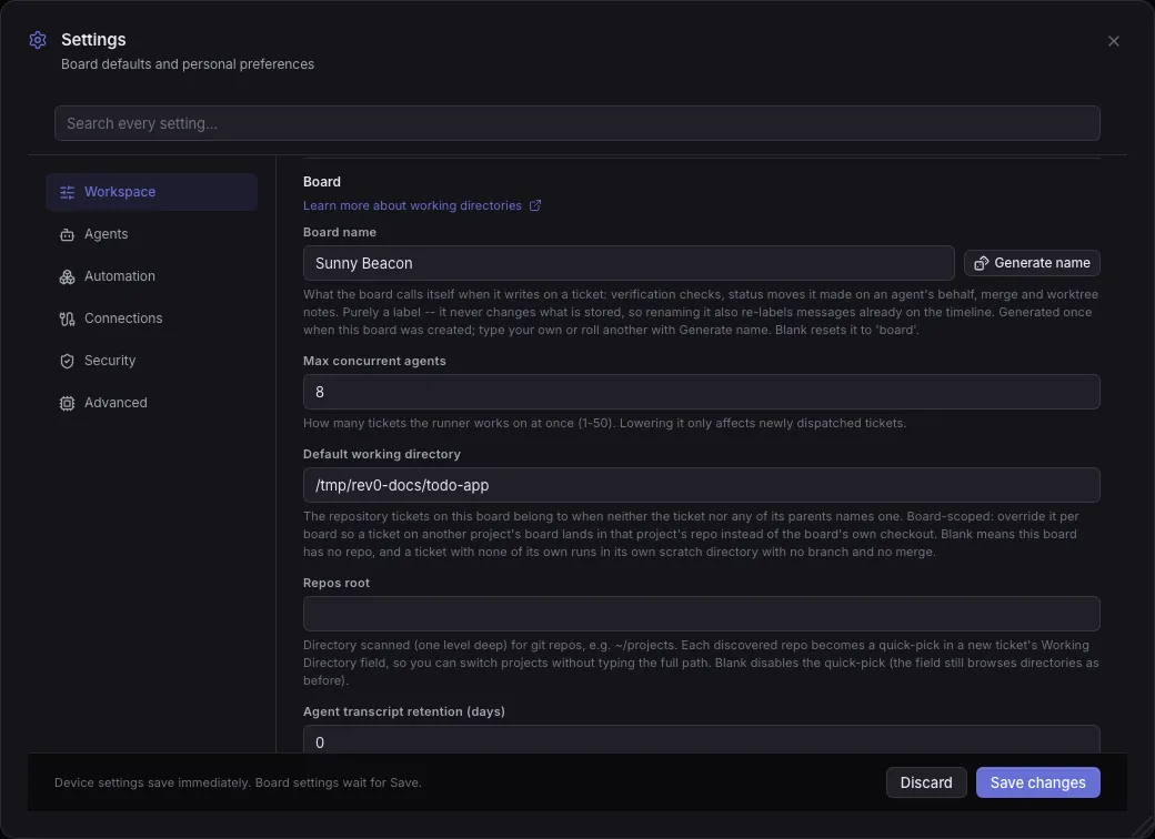 The Settings dialog open on Workspace, with the Board section's working directory