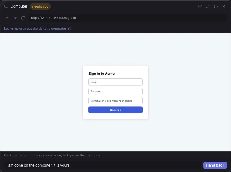The Computer panel marked needs you, open on a sign in page, with Hand back at the bottom right