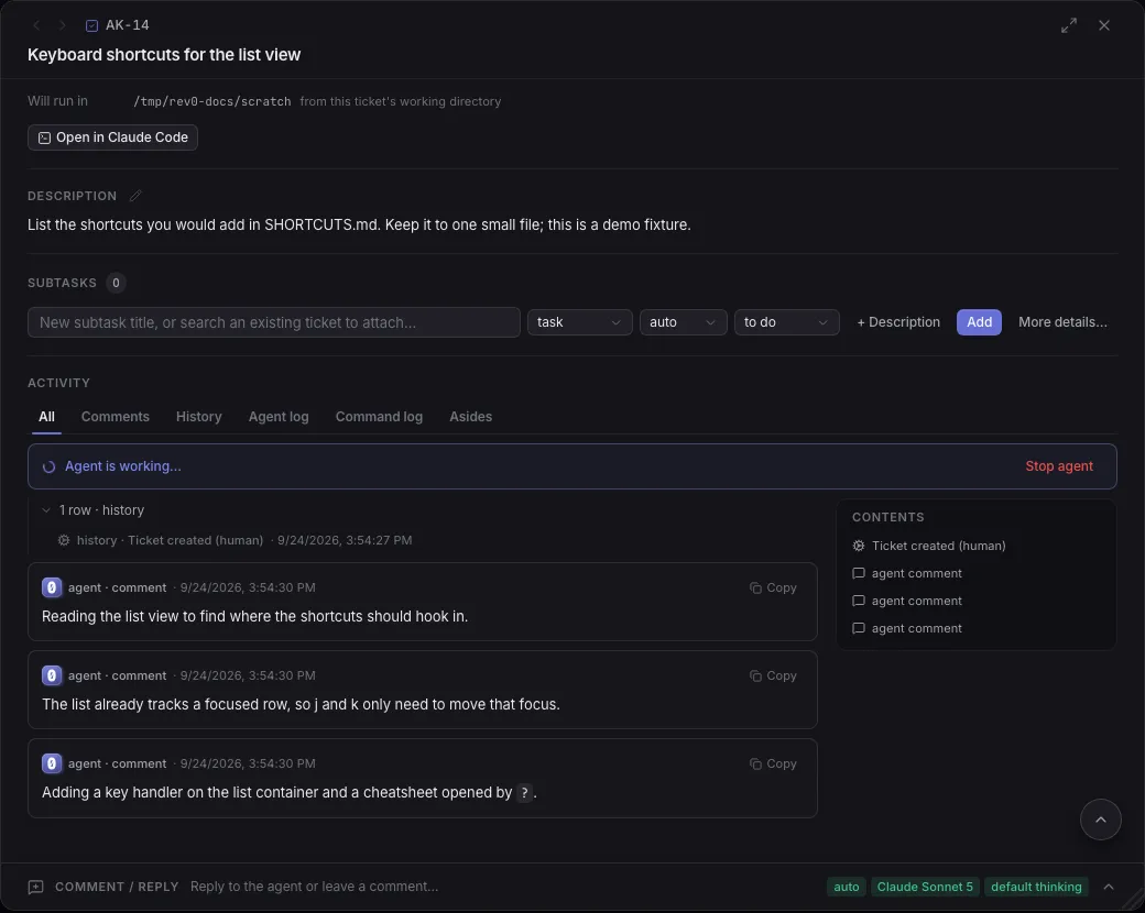 A running ticket: the Agent is working card with Stop agent, the Activity tabs from All to Asides, and the Comment / reply box at the bottom