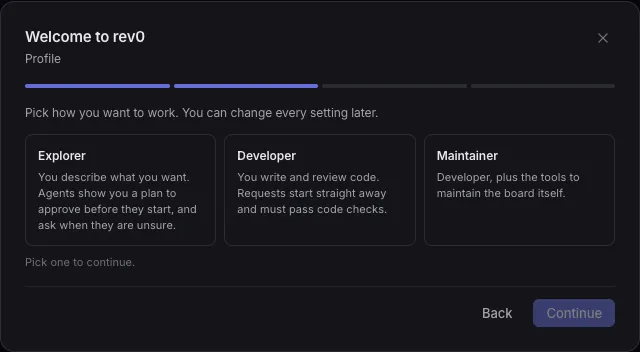 The Profile screen with the Explorer, Developer and Maintainer cards