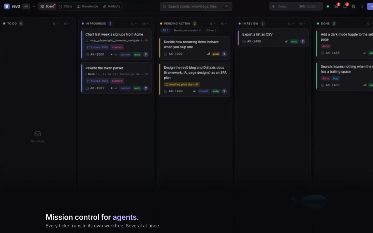 The rev0 board: two agents at work on their own branches, a plan waiting for sign-off, and the whale plugin swimming across.